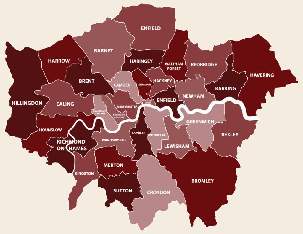 Greater London map showing all boroughs. Big Ben,The icons of England