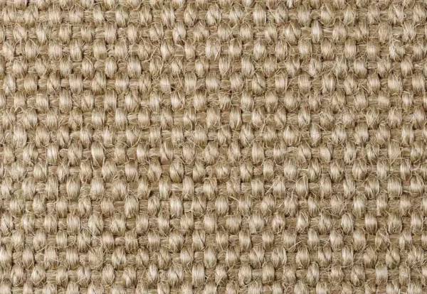Close-up view of a woven beige fabric with a textured, grid-like pattern made of tightly interlaced fibers.