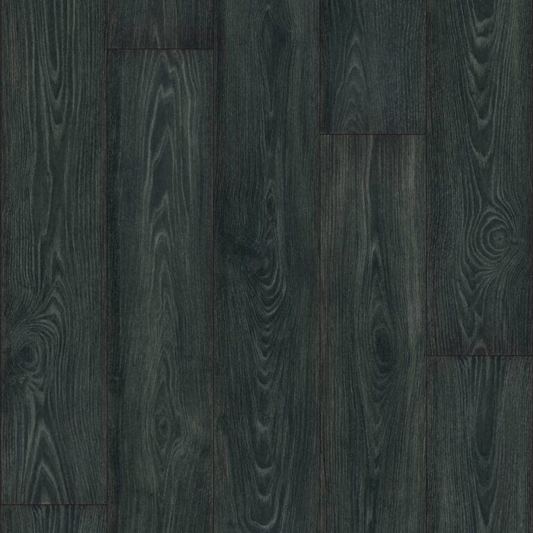 Dark wood flooring with a matte finish, showcasing natural grain patterns and knots. The planks are laid out in a linear arrangement.