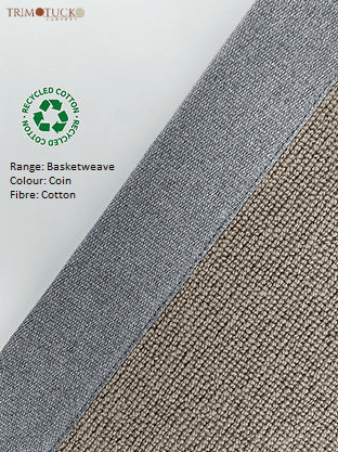 Close-up of two fabric samples labeled Trim Tuck showcasing a basketweave texture; one fabric is grey and the other light brown. Text mentions recycled cotton with color 