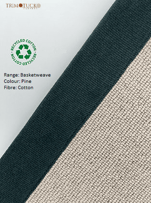 Close-up of a textured fabric swatch in the Basketweave range. The fabric is pine green and beige, and made from 100% recycled cotton. Trim and Tuck logo and recycling symbol are present.