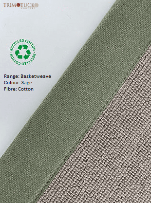 Close-up of two intersecting fabric pieces. One is a smooth sage green and the other is a beige basketweave texture. Labels indicate recycled cotton, basketweave range, sage color, and cotton fiber.