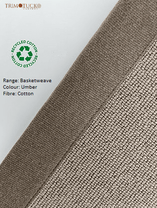 Close-up of a brown woven fabric with label indicating it is from the 