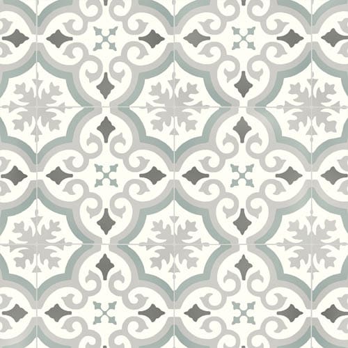 A repeated pattern of ornate, vintage-style tiles with light green, gray, and off-white colors forming a floral and geometric design.