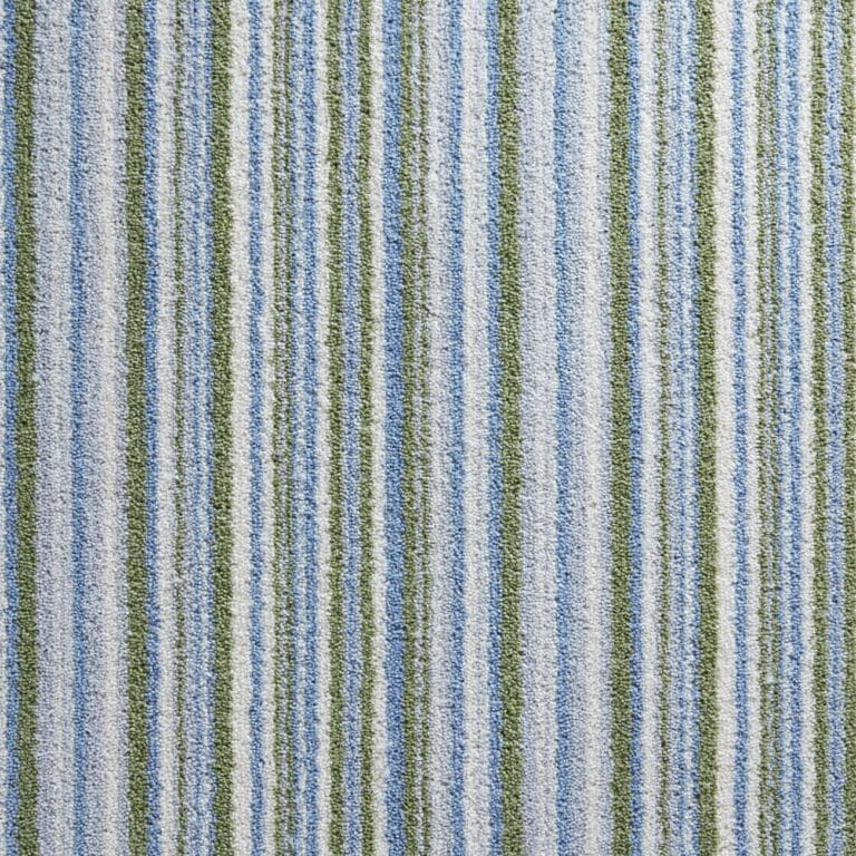 A close-up view of a textured carpet with vertical stripes in blue, green, and white.