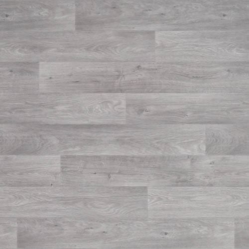 Close-up view of a gray wood laminate floor with a smooth finish and visible grain pattern.