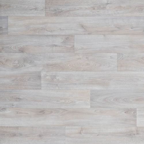 A close-up view of light gray wooden floor planks arranged in a staggered pattern.