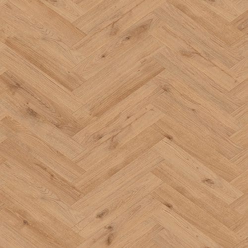 Herringbone pattern wood flooring in a light oak shade with visible grain and knots.