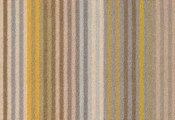 Margo Selby Stripe Sun is a textured fabric with vertical stripes in various colors, including beige, yellow, brown, blue, and gray.