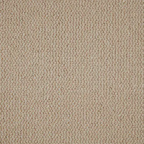 Close-up view of beige textured carpet with a loop pile design.