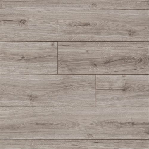 A close-up view of a wooden floor with a light gray, weathered finish and a natural wood grain pattern. The planks are arranged in a staggered pattern.