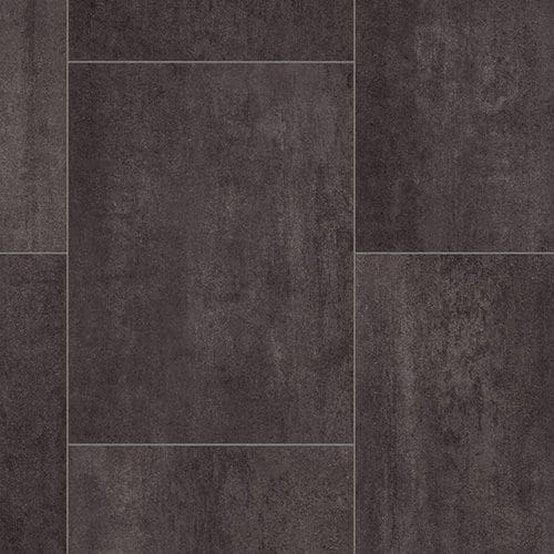 A close-up view of dark grey, textured floor tiles arranged in a staggered pattern.