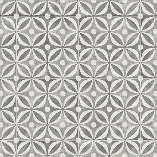 A gray and white geometric pattern with repeating circular and diamond shapes.