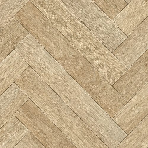 A herringbone pattern of light brown wooden floorboards.