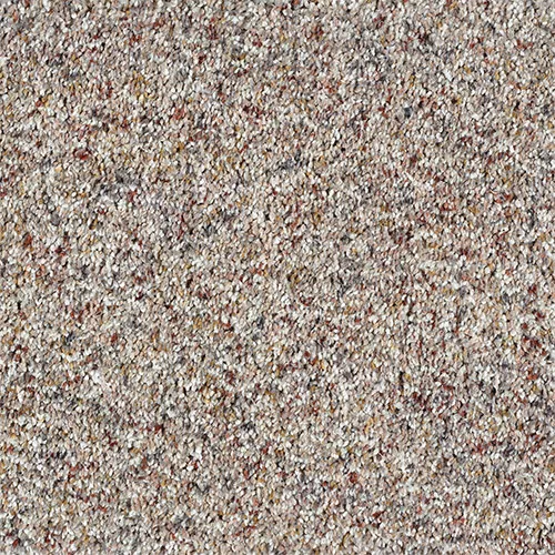 Close-up of a beige-colored carpet with a textured surface, featuring a mix of brown, grey, and red flecks.