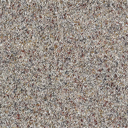 Close-up image of a beige and gray textured carpet with small specks of red and brown.