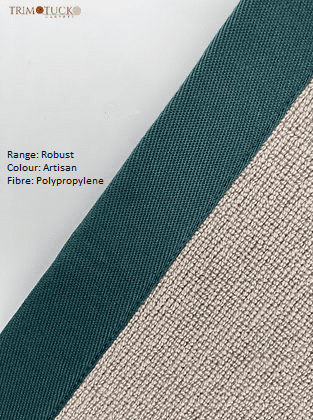Close-up view of a fabric sample. The fabric is labeled as being from the "Robust Binding" range with "Artisan" color, and it is made of polypropylene. The fabric has a green edge and beige textured surface.