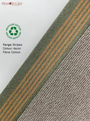 Close-up of a fabric sample with grey and orange stripes, labeled "Stripes Binding." It is made of recycled cotton, titled "Ascot," with a visible recycle symbol.