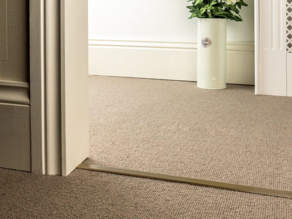 A beige carpeted floor with a white door partially open, revealing more of the same carpet. A Premier Trims - Slim D with green foliage stands against the distant wall.