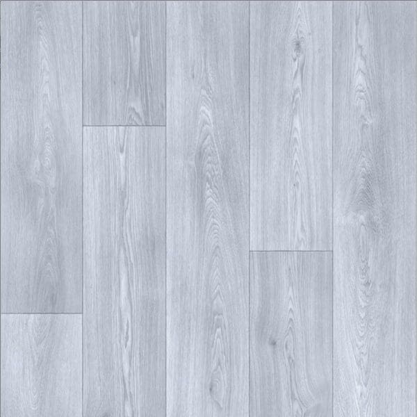 A close-up of the gray Woodtex 2022 Vinyl floor showcases a distinct grain pattern. The planks, designed to be slip-resistant, are arranged in a horizontal layout.