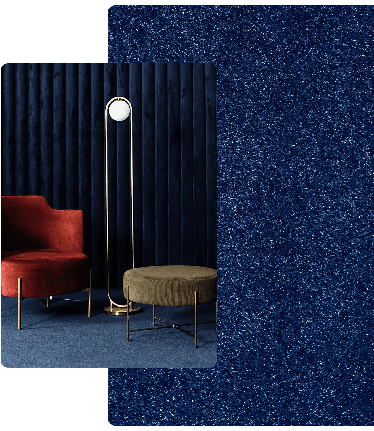 A red chair, olive-green ottoman, and tall floor lamp are arranged on a blue carpet in front of a dark curtain backdrop.