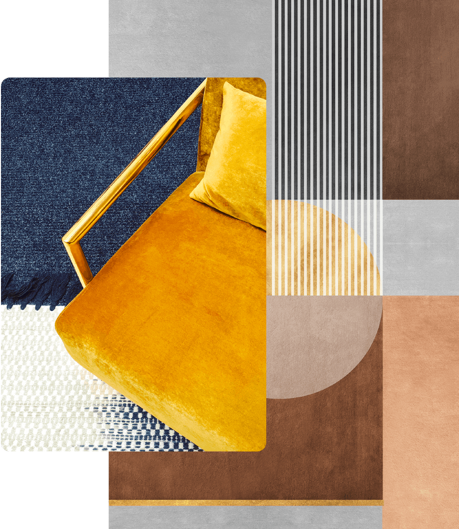 Abstract arrangement featuring an image of a mustard yellow armchair with grey and brown geometric patterns in the background.