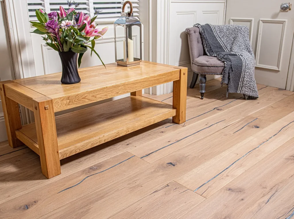 Wooden table and chair in cozy room.