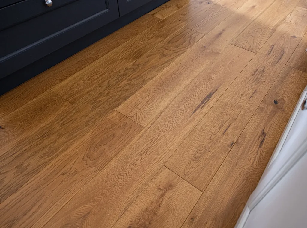 Wooden floorboards beside dark cabinetry.