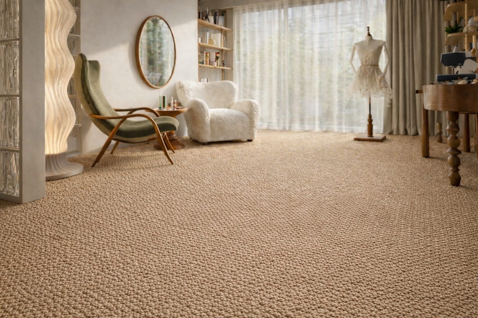 Cozy room with textured carpet flooring.