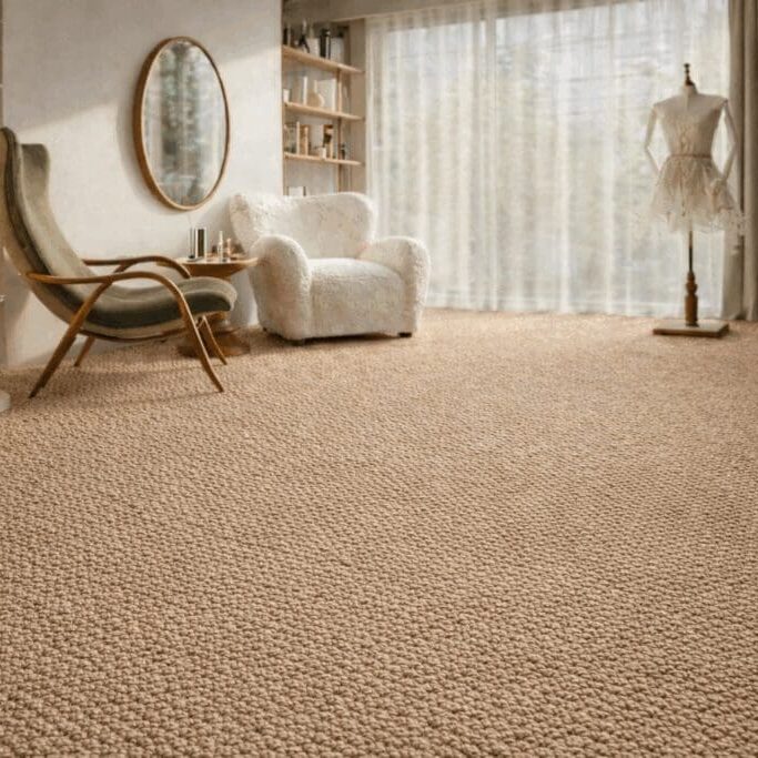 Cozy room with textured carpet flooring.