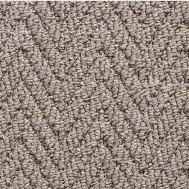 Beige textured carpet with chevron pattern.