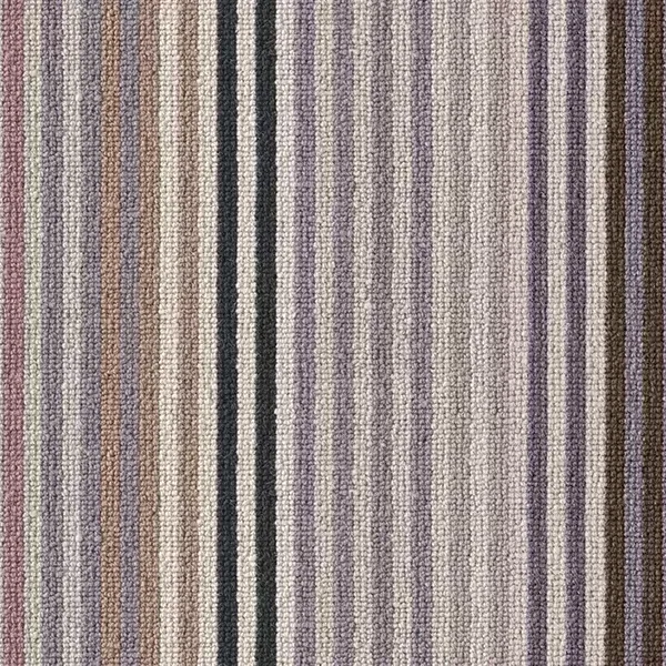 A close-up of a textured fabric with vertical stripes in shades of purple, brown, beige, and black, titled Margo Sleby Stripe Rock.