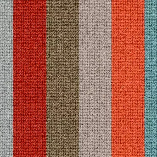 Close-up of a Margo Sleby Stripe Frolic with vertical stripes in various colors including beige, red, brown, gray, orange, turquoise, and dark gray. The texture of the fabric is visible.